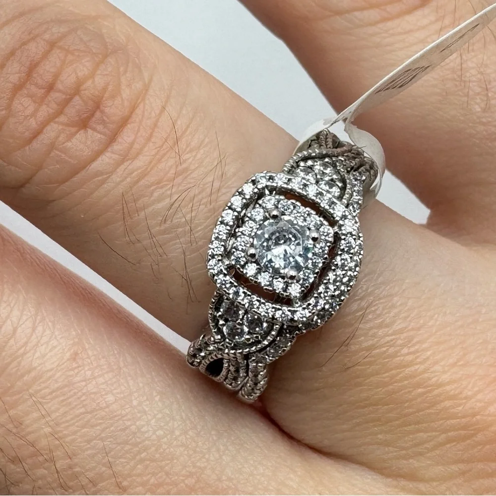 Sterling Silver CZ Double Band Halo Engagement Style Ring Size 9 New